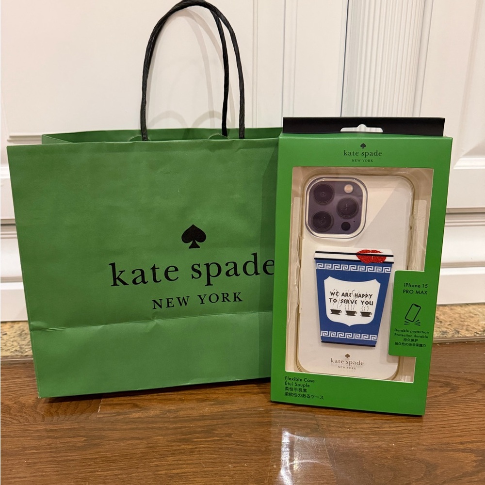 Kate Spade Cream iPhone 15 Pro Max clear Case with Blue and Red Accents